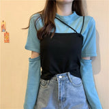 Zingj 2024 New Korean Wind Detachable Sleeve Knit T-Shirt Knit Sling Vest Wearing A Suit Schoolgirl-Outfit