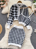 Autumn Knit Plaid Cardigans + Camisole + Skirts 3pcs Sets Korean Short Sweater Coat + Vest + Mini Skirt Suits Women