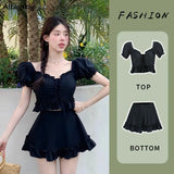 Collar Bikinis Sets Women Ruffles Bandage Beach Style Holiday Swimwear Conservative Solid Ladies Fashion Chic Puff