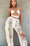 Y2K Solid Knitted Straight Pants for Women Hipster Tassel Hollow Out High-Waist Bottoms Streetwear Christmas