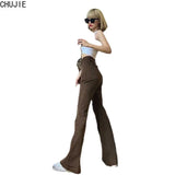 Flare Jeans High Waist Slimming Retro Loose Wide-Legged 2022 Spring New Belt Large Size Brown Denim