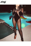 Velvet&Mesh Patchwork Skinny Bodystocking Women Jumpsuits Activity Wear Sexy See-Through Stretchy Romper