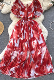 Vintage Women Printed Pleated Long Dress Elegant V-Neck Short Sleeve Ruffle Maxi Vestidos Female Beach Draped Robe