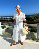 Women's Printed Single Breasted White Dress Fashion V-neck Short Sleeved Split Pleated Dresses 2024 New Ladies Vacation