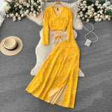 Zingj And Autumn Holiday Style Vintage Flower Suit Women's Long-Sleeved French Thin V-Neck Blouse + Forked Skirt Two