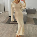 Solid Flared Sleeves Lace Maxi Dress Lady Backless Lace Up Long Vestidos Female Casual Streetwear Club Party