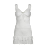 Zingj Sweet Pure Desire Lace Splicing Bowknot Girl Halter Skirt V Collar Wood Ear Solid Color