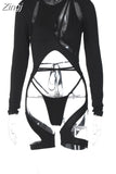 Women Black Hollow Out Bodysuits Irregular Cutout Long Sleeve Sleepwear with Bandage Thongs Nightwear Playsuits