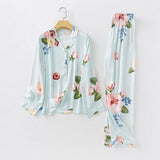 Pajamas Pants Set Viscose Peony Flower Short-sleeved Pyjamas Cardigan Print Home Clothes Suit Ropa Verano Mujer Pjs