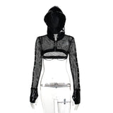 Summer New Dark Wind Personality Trend Self-Building Leather Printed Mesh Hoodie Blouse Women's