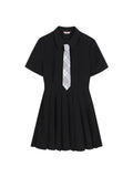 Polo Ruffles Pleated Dresses Women Short Sleeve Solid Vestidos Chic Lattice Tie Summer Mini A-line Dress Preppy