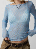 Women Lace Floral T-shirts Crop Tops Long Sleeve Slim Mesh Sheer See Through Tees Shirts Summer Party Streetwear 2025 211-1-Outfit