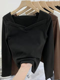Velvet Bottomed Blouse Women's Autumn And Winter New Design Sense Minority Square Collar Irregular Sanding Western Style Slimming