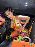 Colorful Print Women Two Piece Tracksuit Set Sleeveless Bare Midriff Top+High Waist Leggings Matching