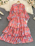 Vintage Floral Chiffon Long Dress Elegant O-Neck Puff Sleeve High Waist A-Line Ruffle Hem Vacation Beach Maxi