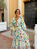 Flower Print Summer Women Long Dress Fashion Long Sleeves V-neck Cut Out A-line Dresses 2024 Female Summer Vacation