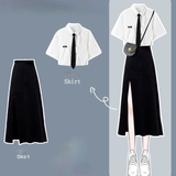 Women Sets Single Breasted Turn-down Collar Short Sleeve Shirts Design Asymmetrical Dress Summer Mujer Fashion 2 Piece