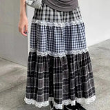 Patchwork Lace Plaid Maxi Skirt- Outfit