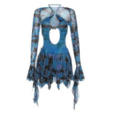 Women Summer Y2K 2Pcs Sleeveless Tie-Dye Print Cutout Backless Ruffled Party Mini Dress + Long Flare Sleeve Shrug