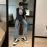 Korean jeans Women Mopping Trousers Denim Vintage blue streetwear high waist wide leg pants trousers Femme
