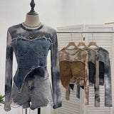 Dye Mesh Spliced Denim Shoulder Long-Sleeved T-Shirt T-Shirt T-Shirt Dress
