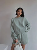 Drop Shoulder Halp Zip Sweatshirt & Drawstring Shorts SetOutfit
