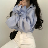 Women Striped Shirts Designer Lantern Sleeve Ulzzang Boyfriend Korean Style Fashionable Soft Tops Students All-match Casual