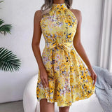 Zingj Hot Style Summer Sleeveless Flower Hanging Neck Waist Dress