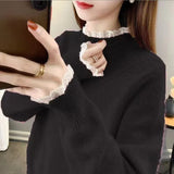 Half-High Collar Sweater In Autumn And Winter 2025 Women Loose Outer Wear Lace Stitched Knitted Bottom Shirt