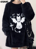 Gothic Casual Oversized Knitted Jumpers Grunge Cartoon Sweater Fashion Knitwear Y2k Aesthetic Balack Loose