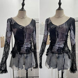 Lace Splicing Long-Sleeved T-Shirt Women's Bow Strap Hollow Irregular Blouse