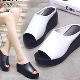 Women Sandals 7.5cm Platform Wedges Women's Shoes Thick Heel Open Peep Toe Sandals Leather Summer Style Slide Black