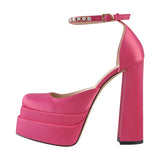 Onlymaker Square Toe Sandals Platform Thick High Heels Solid Mixed Colors Crystal Buckle Stain Sandals Graceful Women