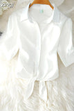 Summer Basic Blouses Women Solid Oversized Women Shirt Buttoned Up Shirt Top Tied Waist Elegant Women Tunics Tops