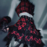 Dark Plaid Sling Lace Tie Pleated Skirt 2023 Spring Personality