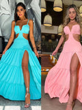 New Sexy Solid Women Dresses Deep V Sleeveless Naked Waist Split Long Dress Fashion Casual Party A-line Female