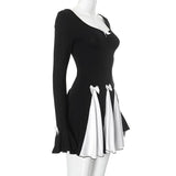 Black Long Sleeve Bow Splice Folds Mini Dress- Outfit