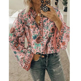 Women Print Blouses Casual Loose Tops Stand V Neck Long Sleeves Button Plus Size Pullover Female Tee Shirts