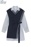 Women's Two Piece Outfits Korean Streetwear Style Striped Shirt Dress And Knitted Vest Belt Female 2023 Autumn Casual