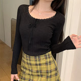Lace Lacework Round-neck Slimming Inner Long Sleeve Top 3 ColorOutfit