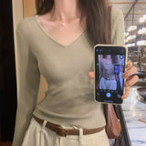 V-Collar Solid Color Long-Sleeved Woolen Blouse A New Style Slim And Slim Sweater In Autumn And