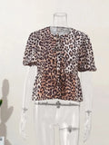 Printed Bow Lace Up Hollow Out Shirt Women loose O Neck Puff Sleeved Tops Blouses 2024 Spring Female Cropped