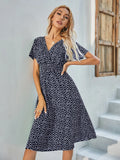 Printed Casual Beach Midi Dresses Women Summer V-neck Short Sleeve Empire Waist A-Line Dress Sundress Vestido Robes