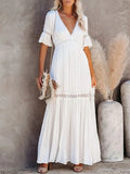 White Dress Women Lace High Waist Belted Maxi Dress Ladies Boho women long Beach Dress Loose Robe