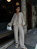 V Neck Hollow Out Lace Up Long Sleeved Shirt Set Women Causal Loose Solid Wide Leg Pants Suit New Ladies Street