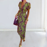 Women's Dress 2025 New Temperament Fashion Print V Collar Folds To The Waist To Repair The Dress