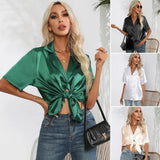 Summer Short Sleeve Shirt Solid Satin Silk Shirt Button Up Blouse Loose Office Ladies Tops Casual Shirts Elegant