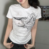 Zingj Graffiti Star Print Bottom Shirt T-Shirt Women's Round Collar Slim Short Sleeve Thread Knit Casual
