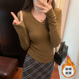 V-Collar Slim Wrinkle Waist Long-Sleeved T-Shirt Women's Autumn And Winter New Plush Plush Bottomed