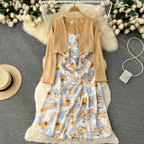 Women Two Piece Set Beach Vacation Long Sleeve Cardigans + Floral Spaghetti Strap Midi Dress Female Suit New